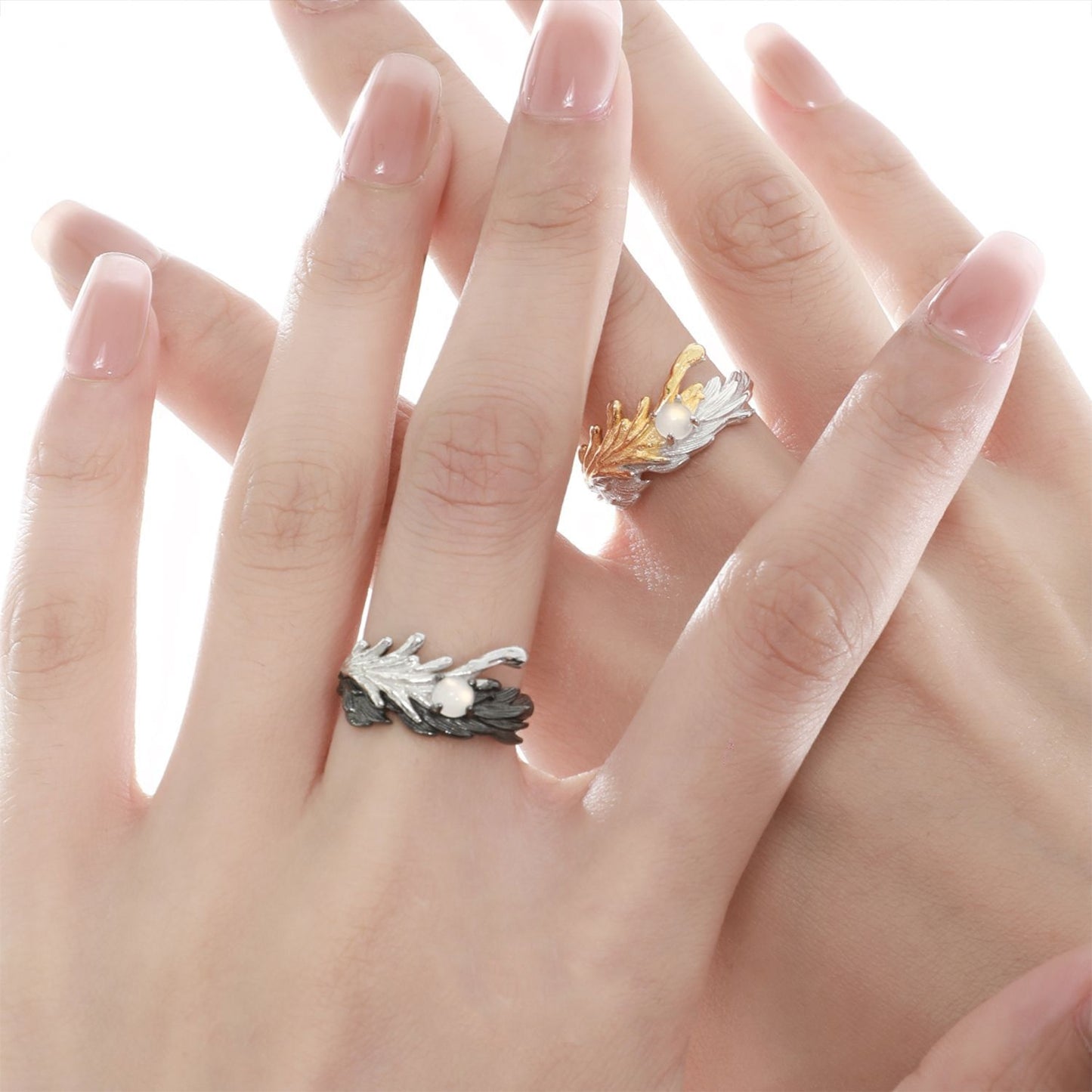 S925 Silber Schwarzer Designer-Ring mit Engelsflügel und Feder