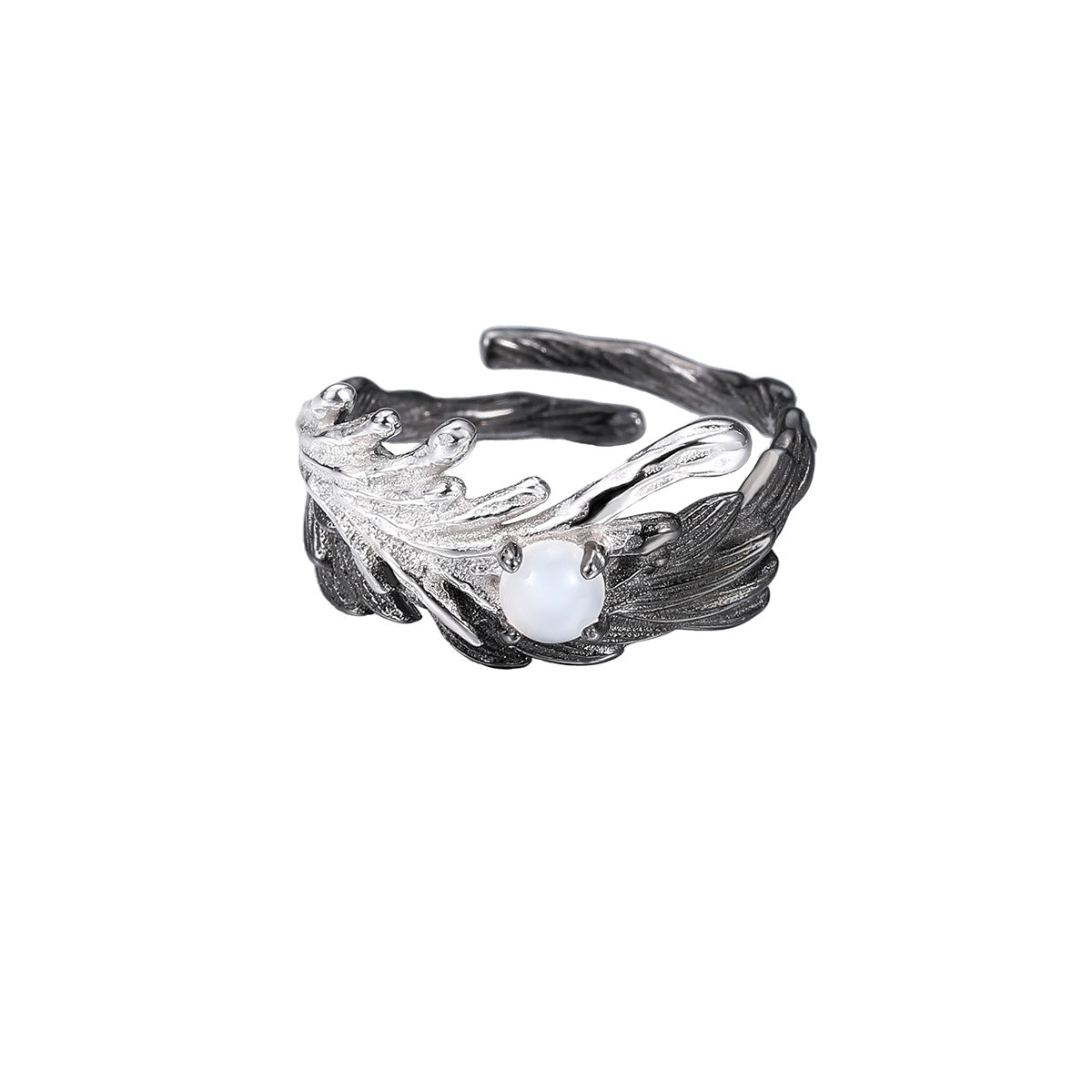 S925 Silber Schwarzer Designer-Ring mit Engelsflügel und Feder