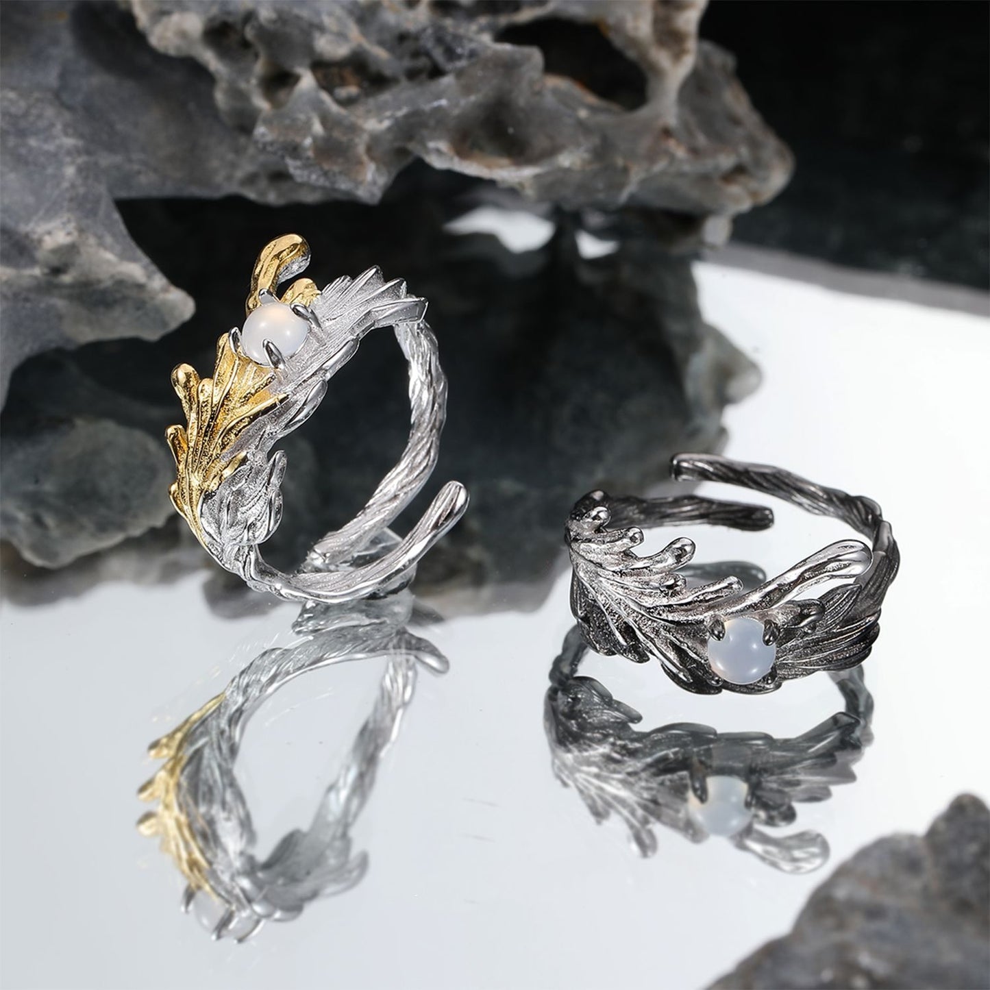 S925 Silber Schwarzer Designer-Ring mit Engelsflügel und Feder