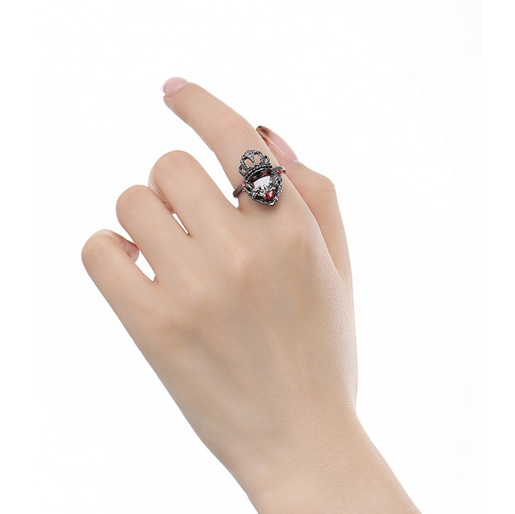 Gothic Girl - Offener Ring mit schwarzer Krone und Herz