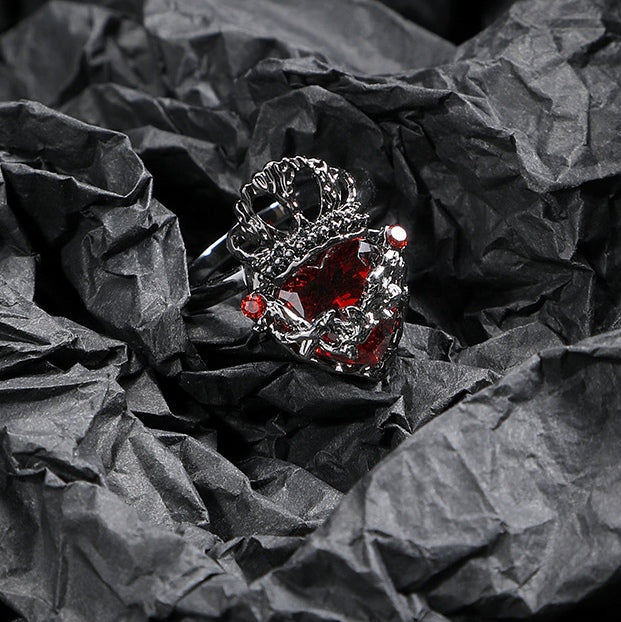 Gothic Girl - Offener Ring mit schwarzer Krone und Herz