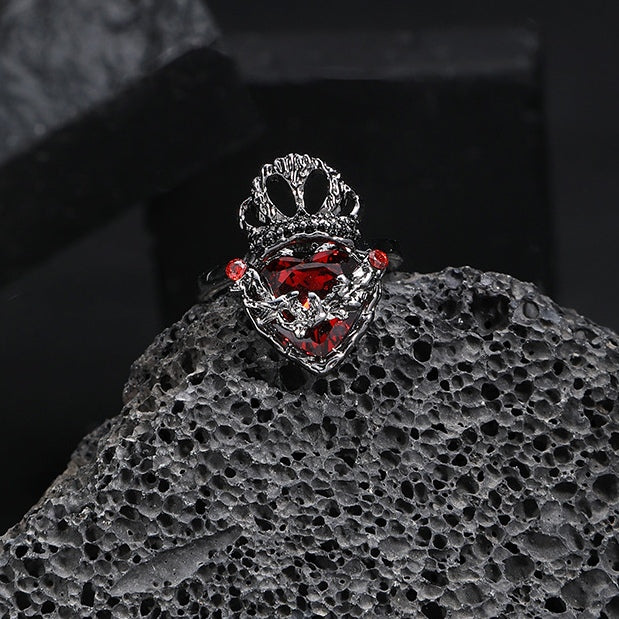 Gothic Girl - Offener Ring mit schwarzer Krone und Herz