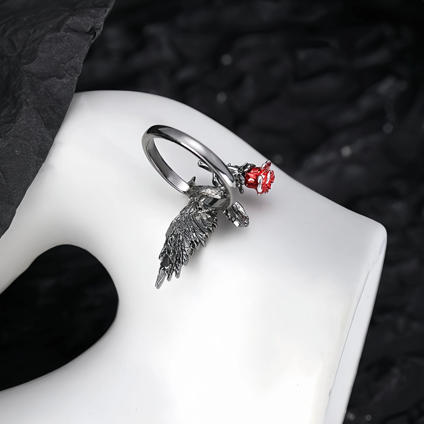 Gothic Raven Rose Adjustable Ring