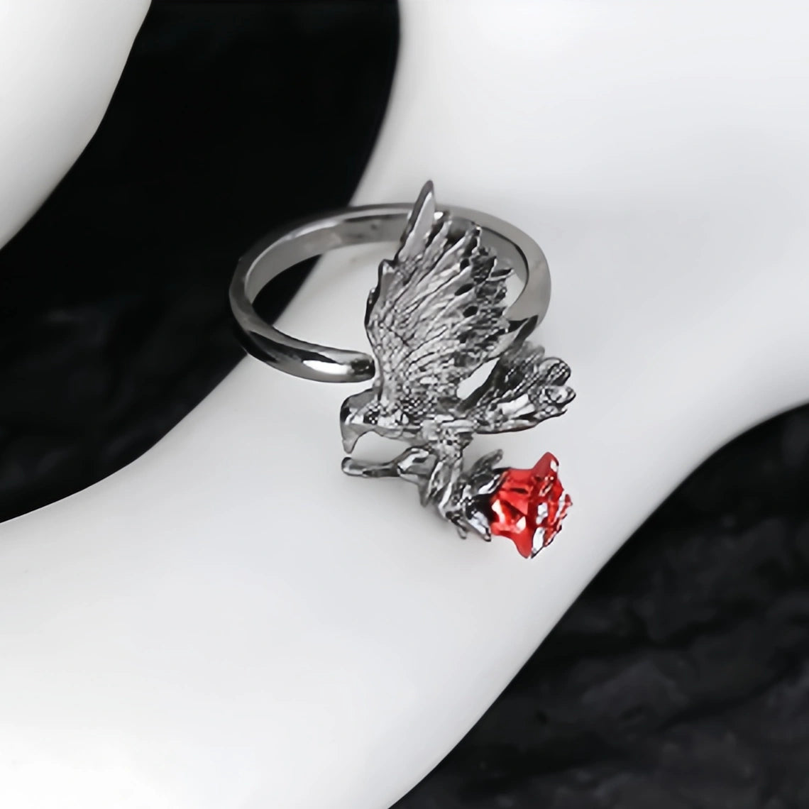 Gothic Raven Rose Adjustable Ring