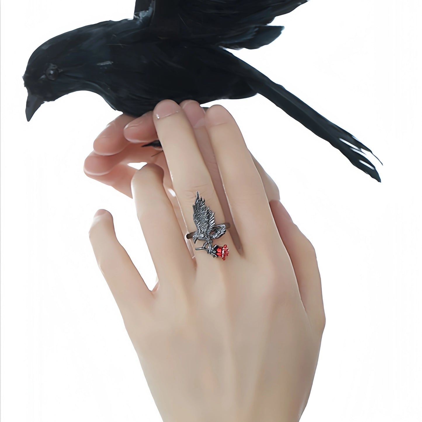 Gothic Raven Rose Adjustable Ring