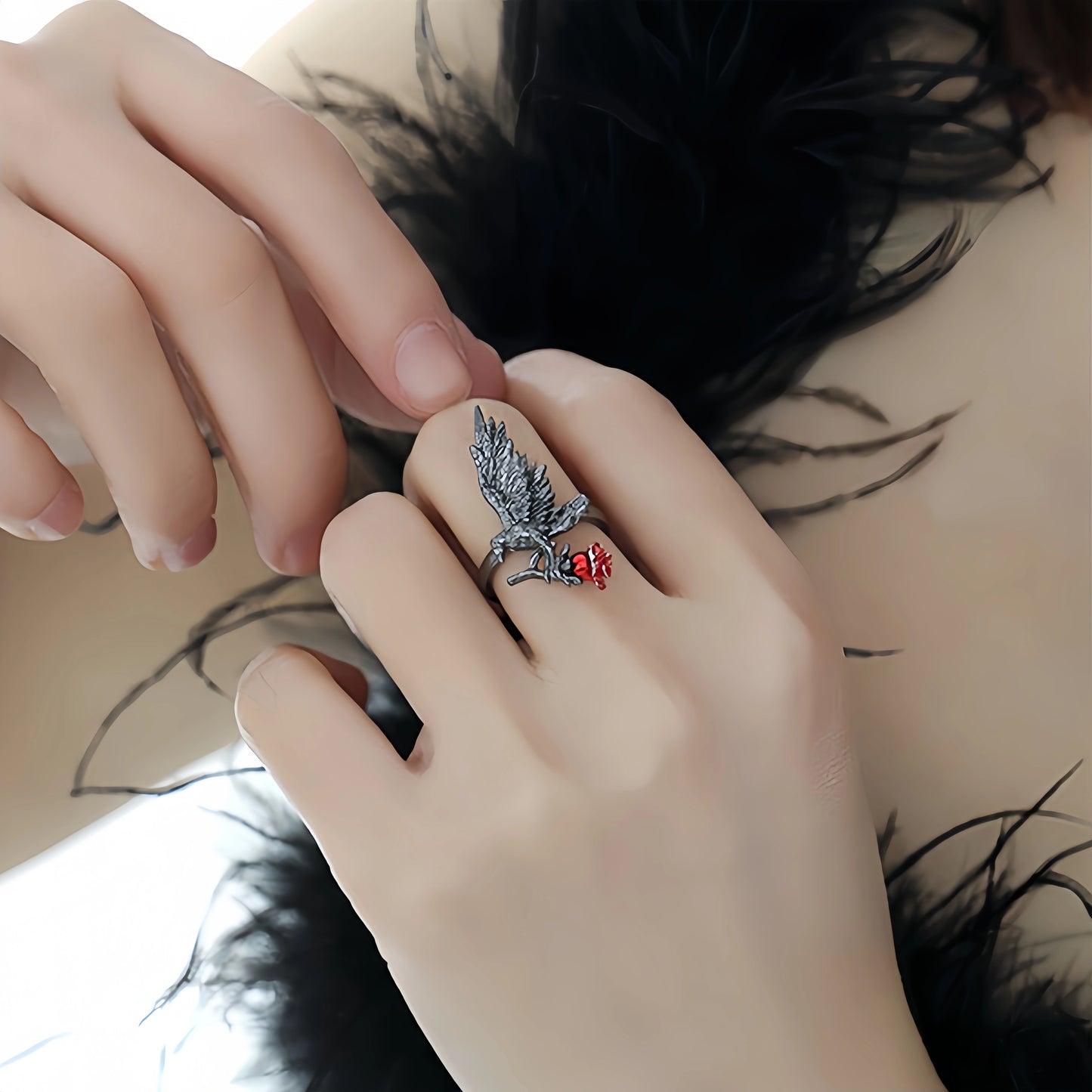 Gothic Raven Rose Adjustable Ring