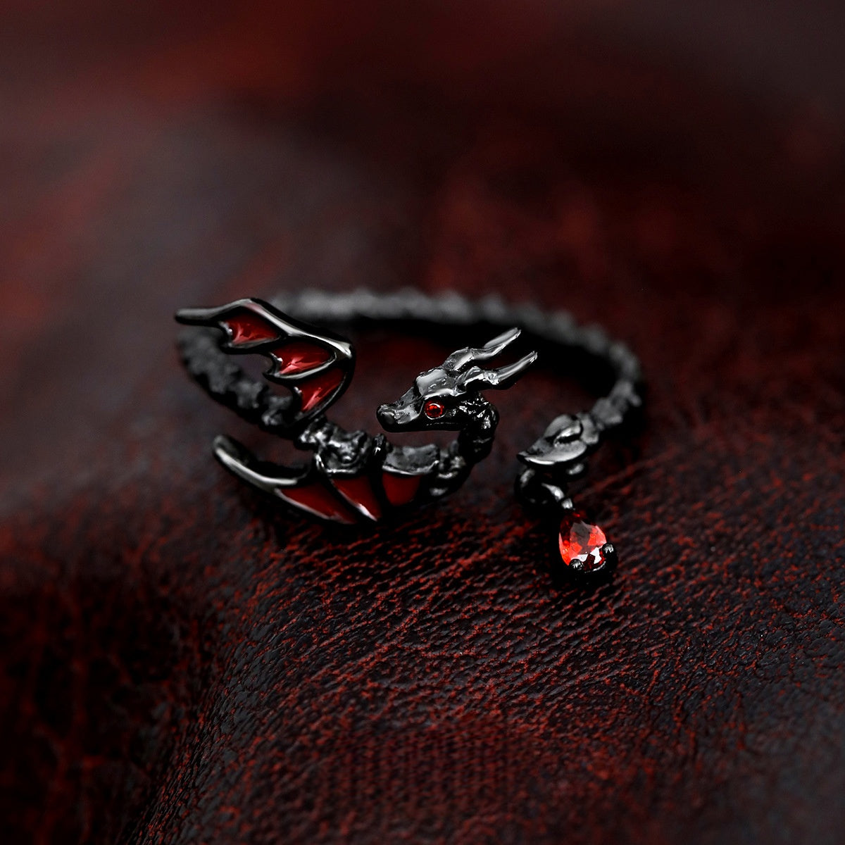 S925 Silver Goth Red Dragon Adjustable Rings
