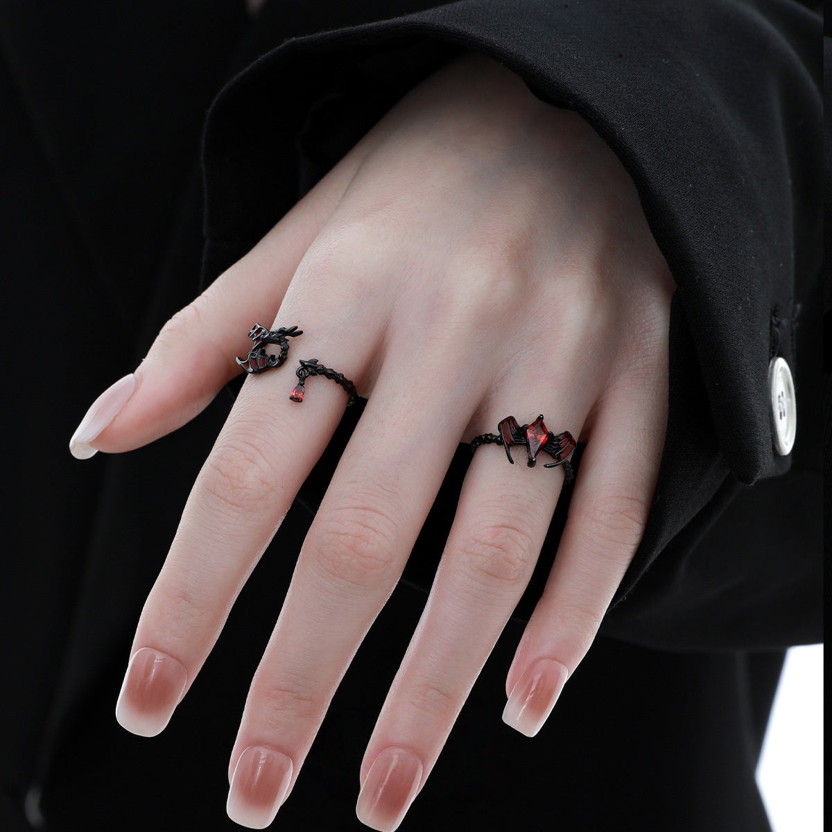 S925 Silver Goth Red Dragon Adjustable Rings
