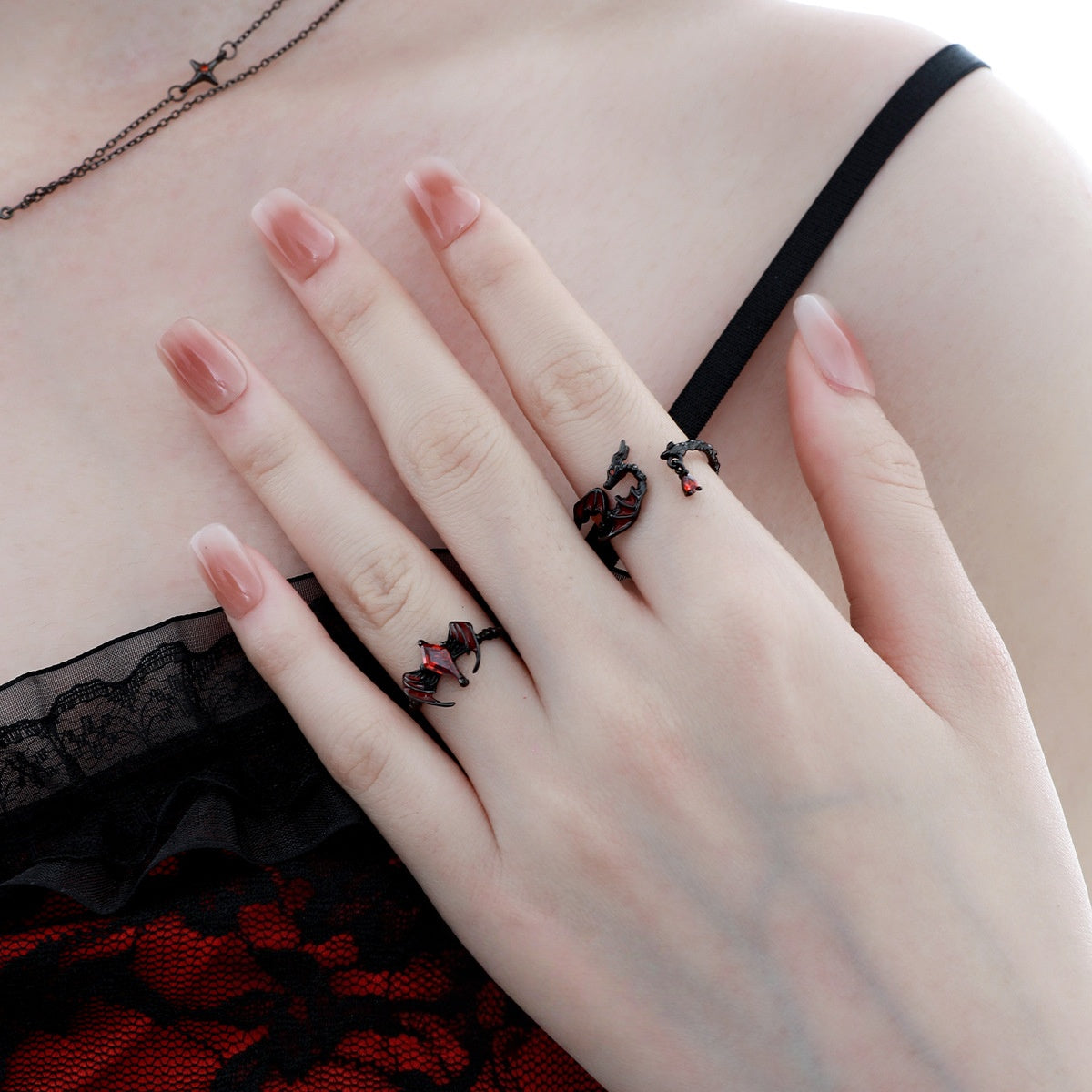 S925 Silver Goth Red Dragon Adjustable Rings