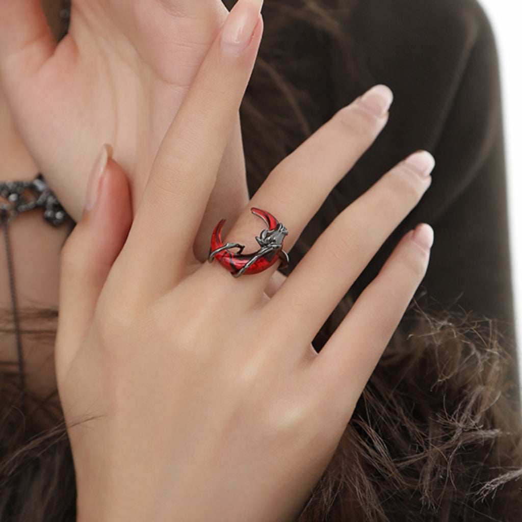 Vintage Punk Dunkelroter Halbmond &amp; Schwarze Rose Ring