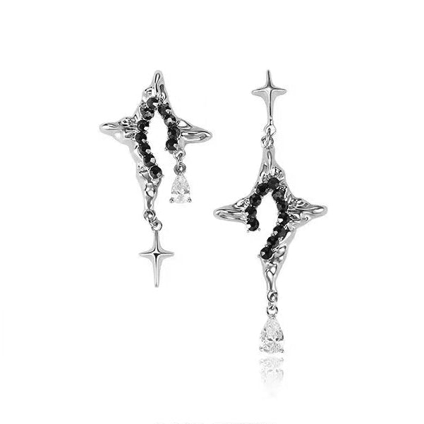 Cyber-Gothic Asymmetric Star Crosses Stud Earrings