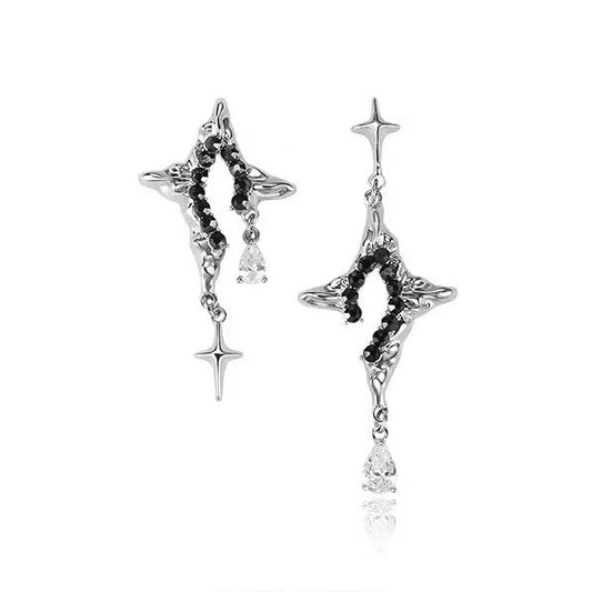 Cyber-Gothic Asymmetric Star Crosses Stud Earrings