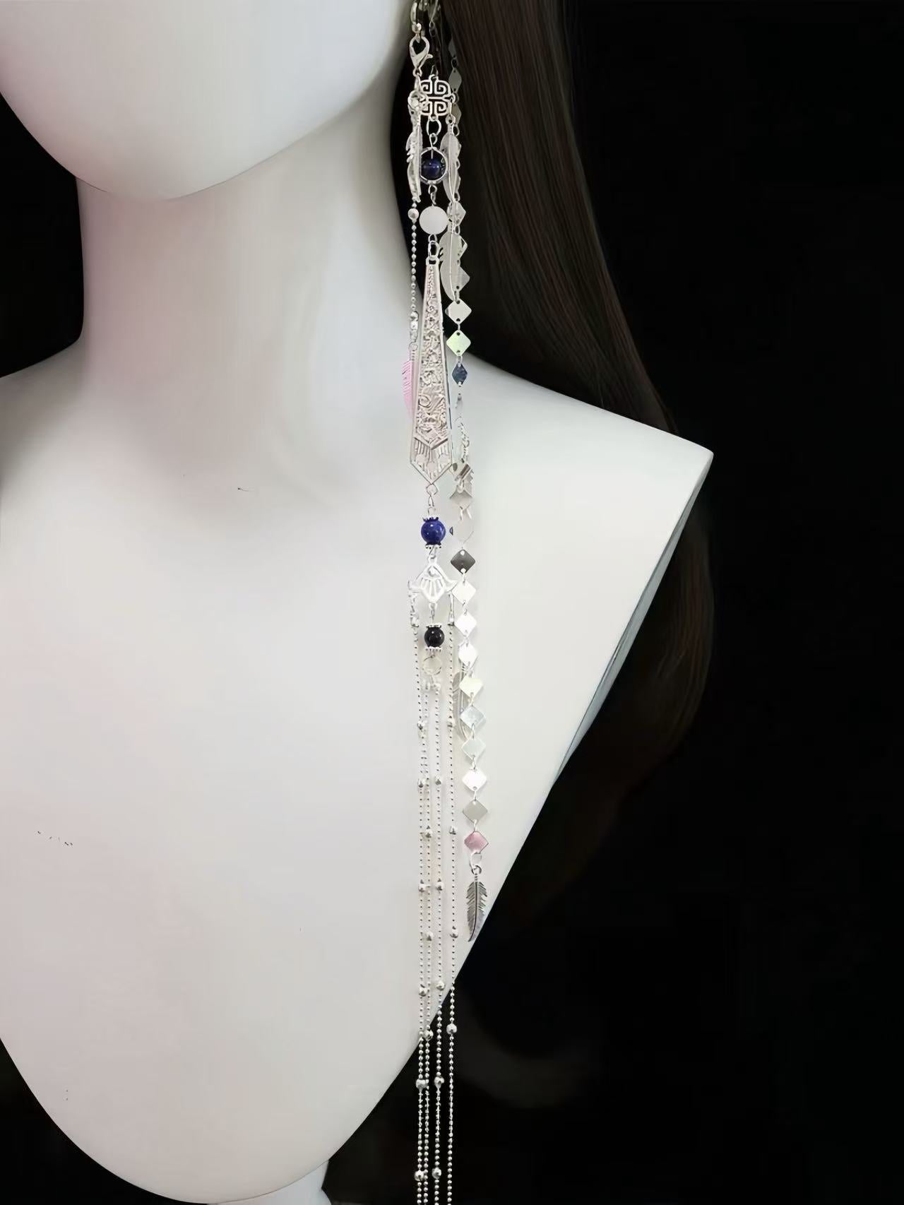 Antique-style Long Tassel Star Feather Ear Cuffs