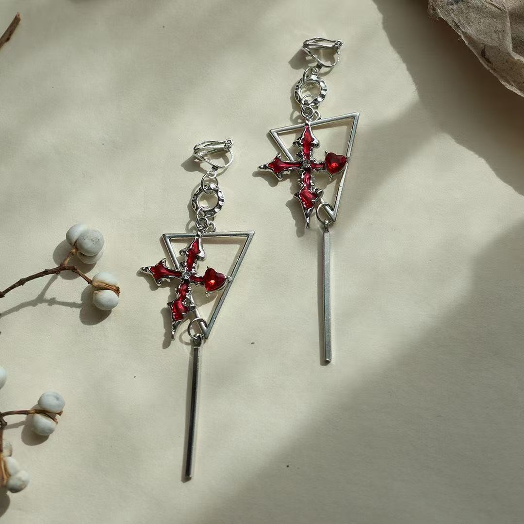 Gothic Red Cross Earrings - Inverted Triangle Dagger Drops
