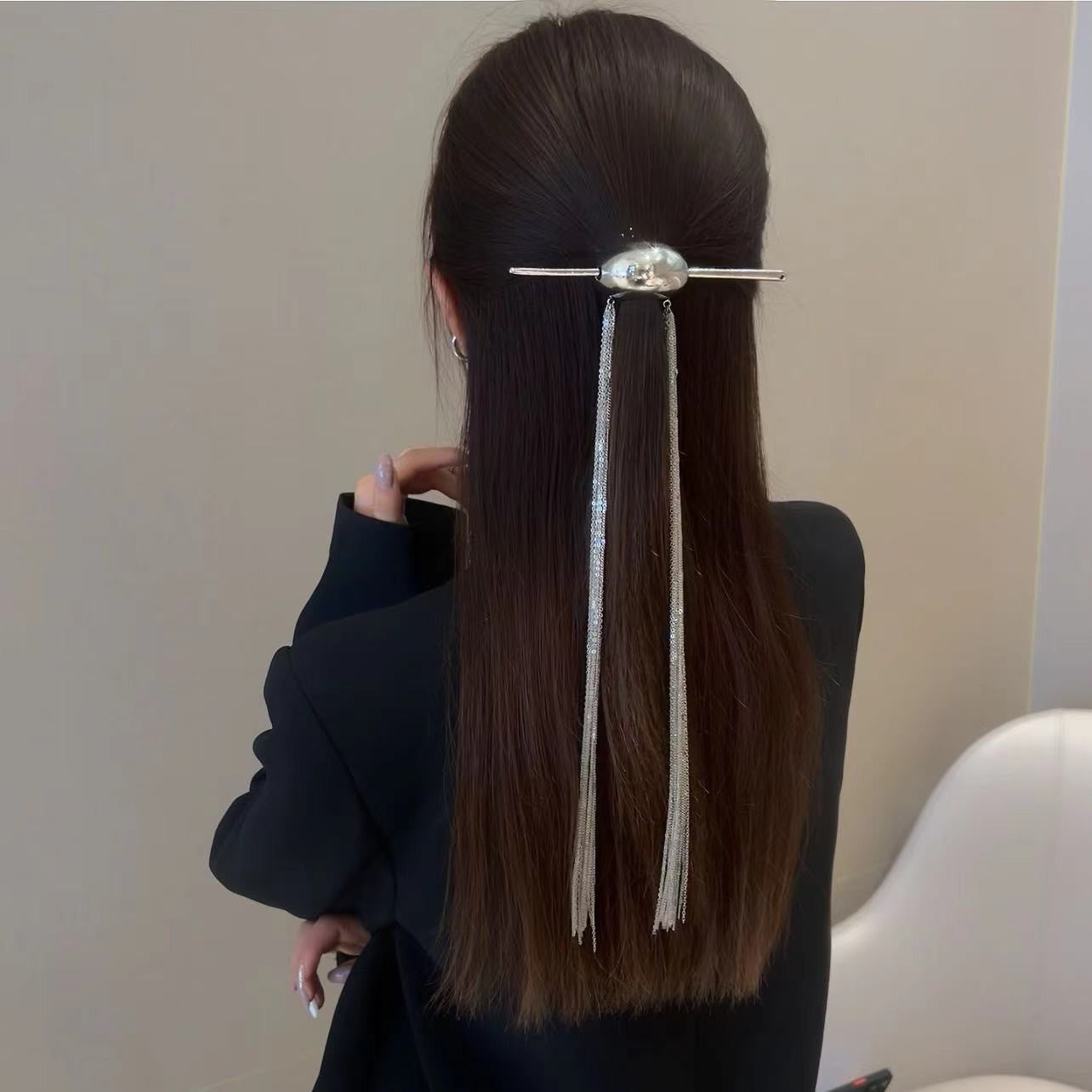 Women Chic Silver Long Tassel (removable）Metal Hairpin