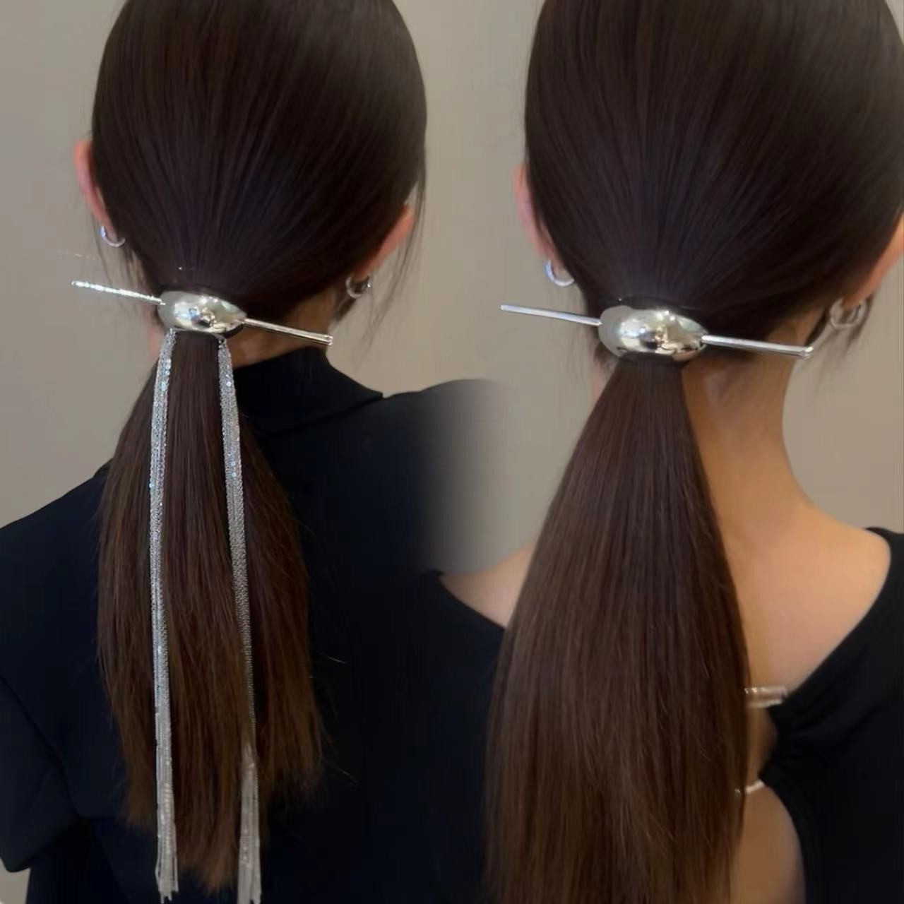 Women Chic Silver Long Tassel (removable）Metal Hairpin