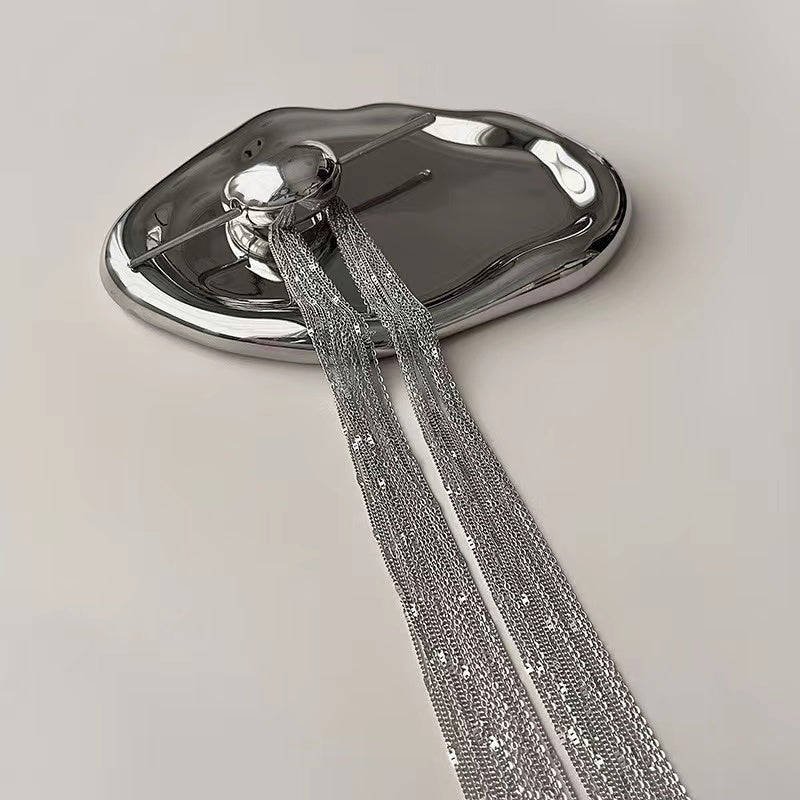 Women Chic Silver Long Tassel (removable）Metal Hairpin