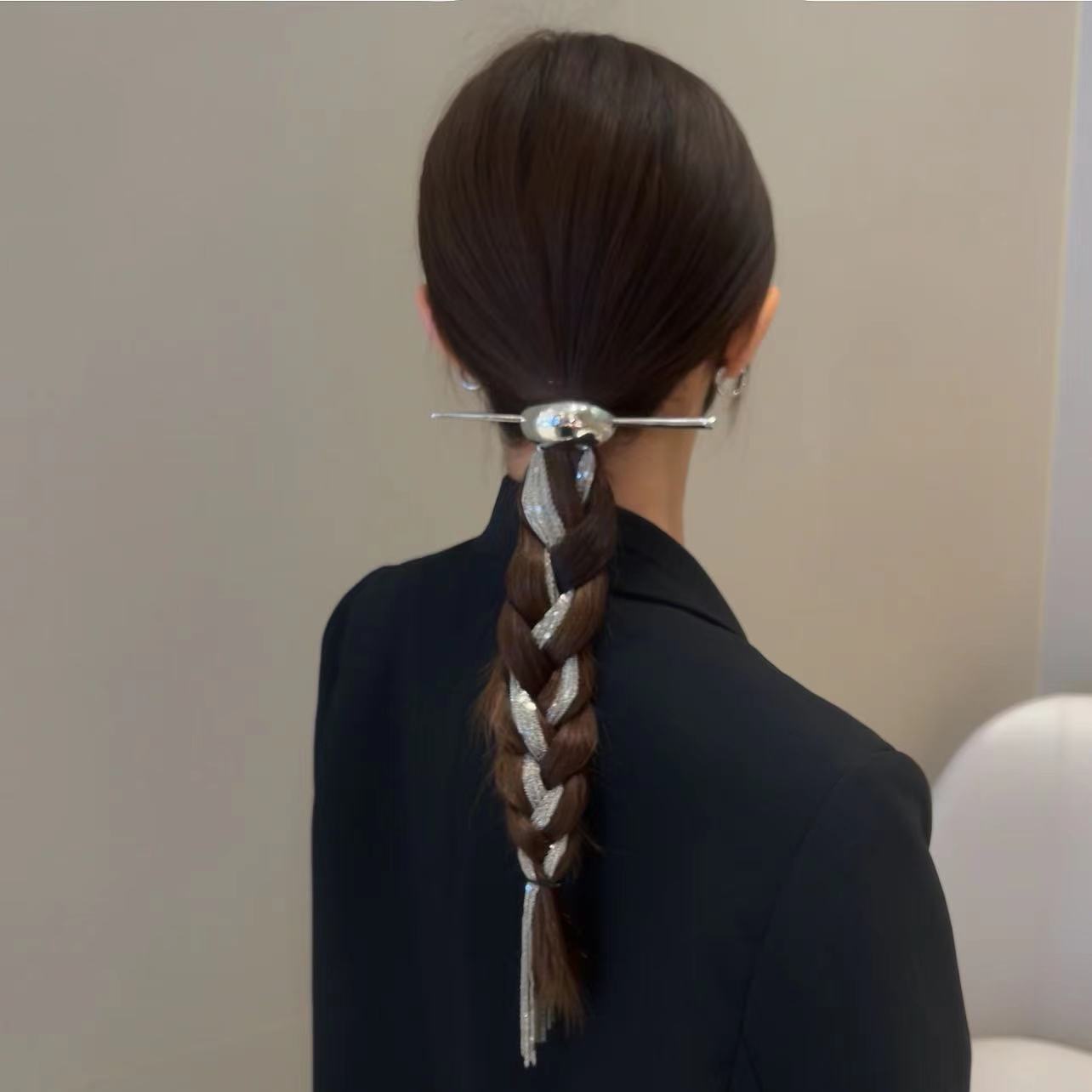 Women Chic Silver Long Tassel (removable）Metal Hairpin