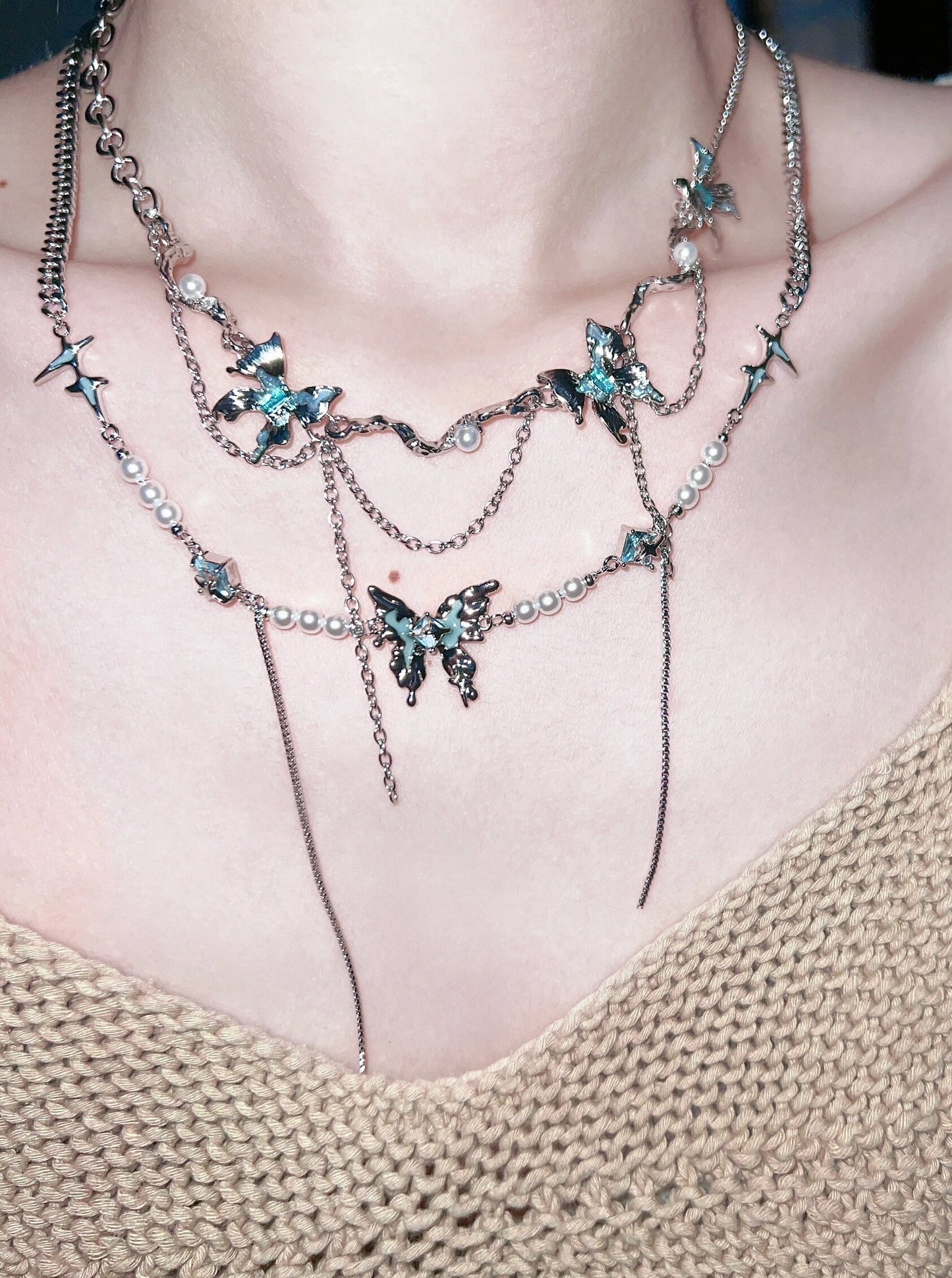 Y2K Chic Spicy Girl Blaue Schmetterling Metall Halskette