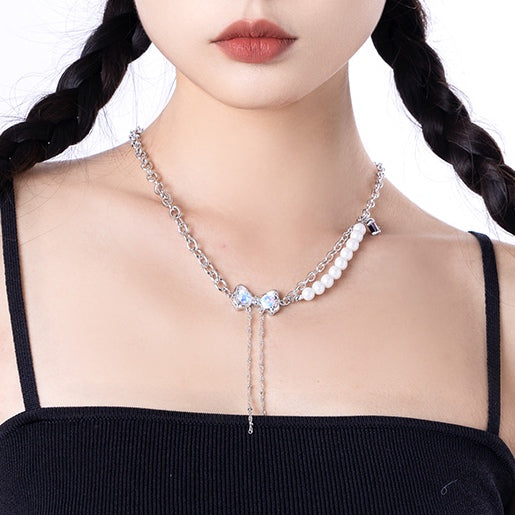 Sweet Girl White Opal Bow Rhinestone Necklace