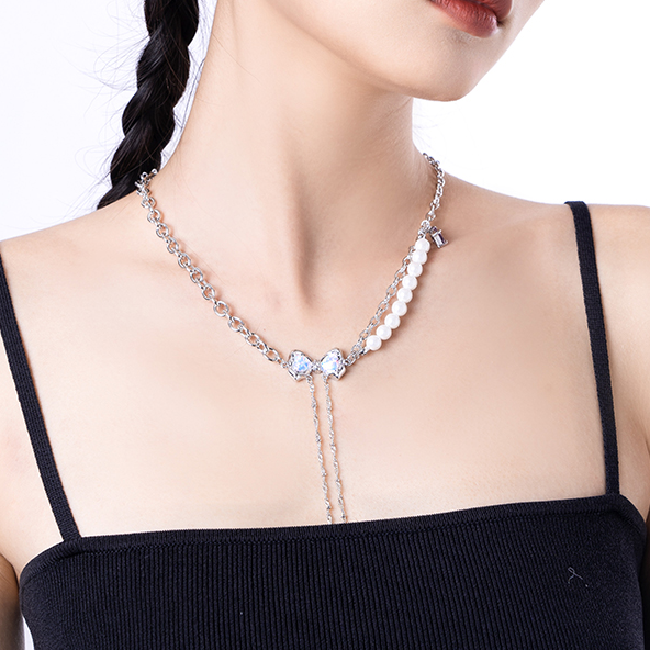 Sweet Girl White Opal Bow Rhinestone Necklace