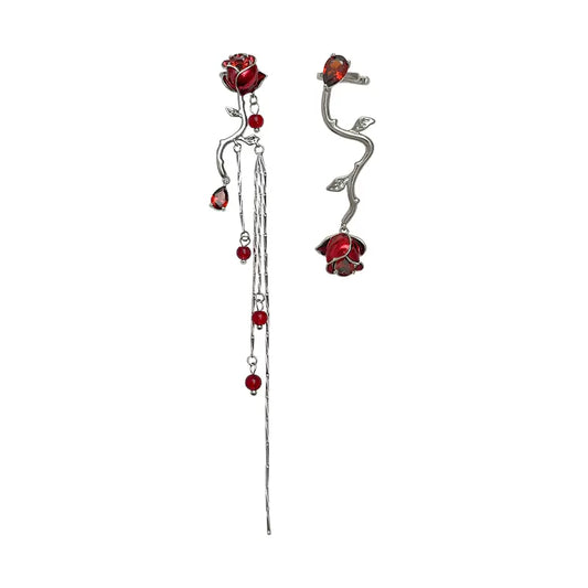 Designer Asymmetrical Red Rose Ear Cuff[need ear piercings]