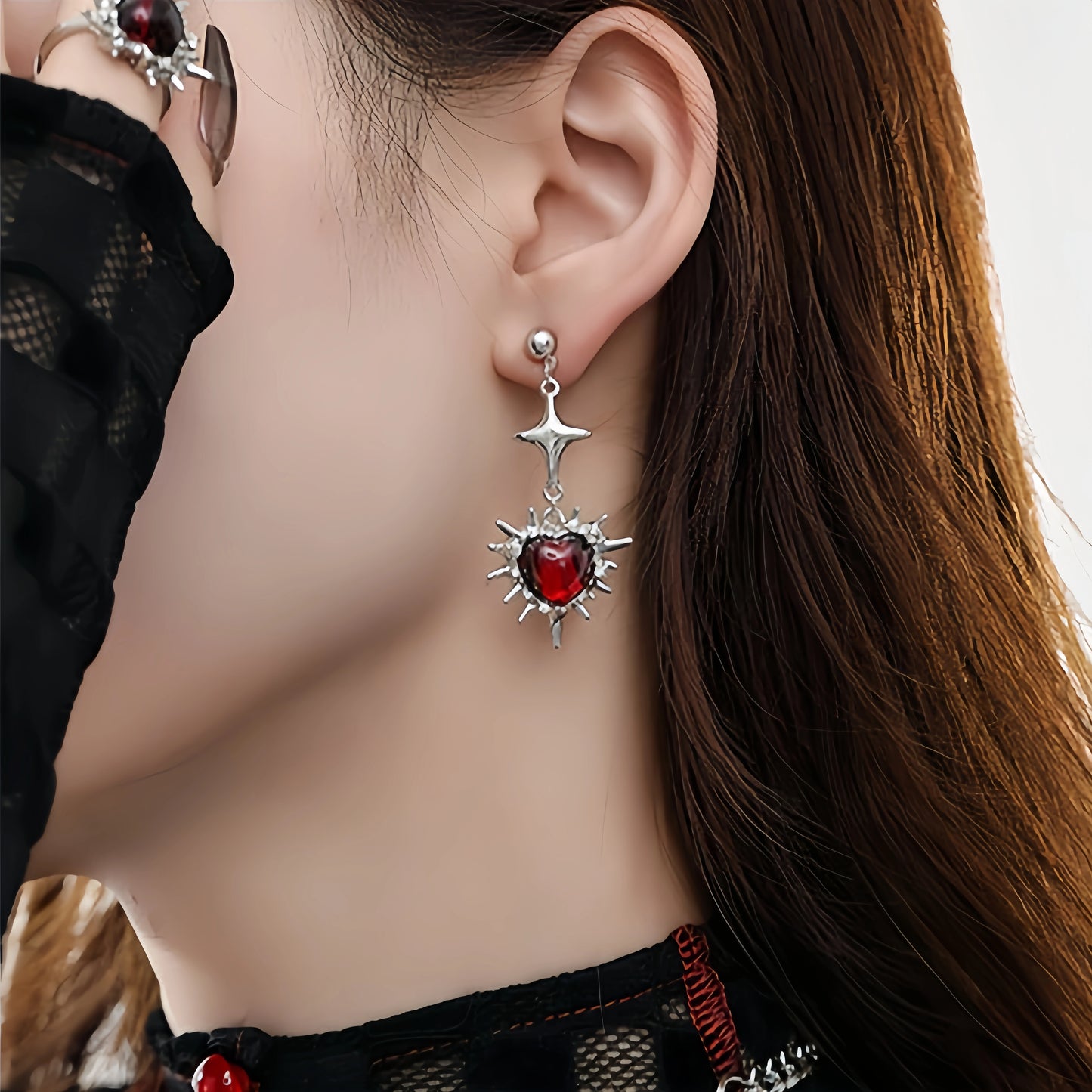 Gothic Red Heart Asymmetrical Earrings