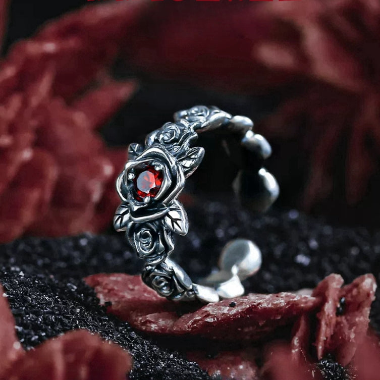 S925 Silber Vintage Rote Rose Ring